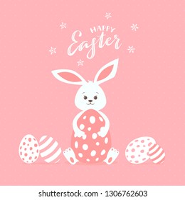 Holiday lettering Happy Easter with rabbit and painted eggs on pink background, illustration.