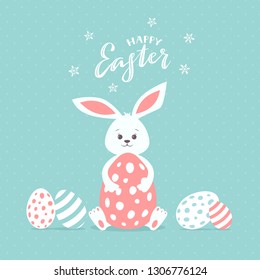 Holiday lettering Happy Easter with rabbit and painted eggs on blue background, illustration.