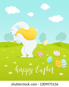 Holiday lettering Happy Easter with rabbit and big sack with painted eggs, illustration.