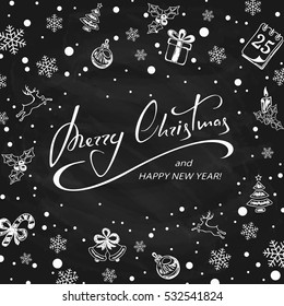 Holiday lettering with snowflakes and decorative elements written in white chalk on a black chalkboard, inscriptions Merry Christmas and Happy New Year, illustration.