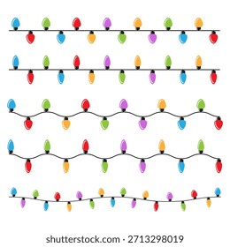 Holiday light bulb garland string set isolated on white. Colorful bulbs on black wire, straight and wavy layouts. Vector illustration for festive design projects, seasonal decorations, party graphics