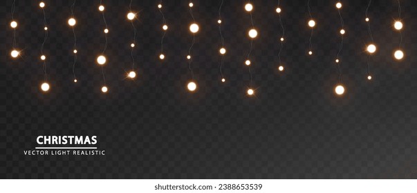 Holiday lights garland isolated. Christmas vertically hanging glowing shimmering lights on a dark background.