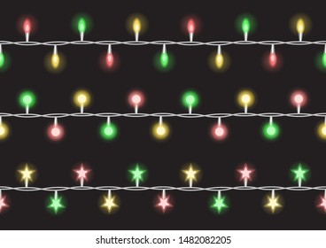 Holiday lights garlands vector horizon seamless pattern