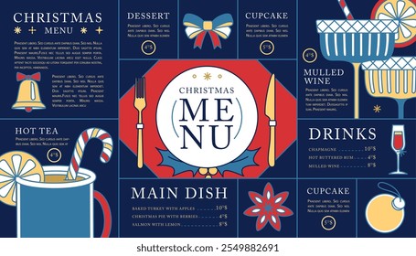 Holiday line art Merry Christmas and Happy New Year menu design. Flat design. Vector illustration