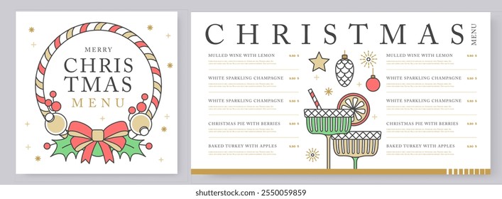 Holiday line art Merry Christmas and Happy New Year menu design. Flat design. Vector illustration