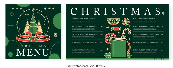 Holiday line art Merry Christmas and Happy New Year menu design. Flat design. Vector illustration