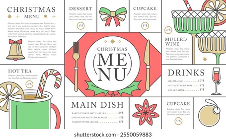 Holiday line art Merry Christmas and Happy New Year menu design. Flat design. Vector illustration