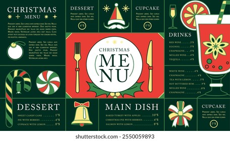 Holiday line art Merry Christmas and Happy New Year menu design. Flat design. Vector illustration