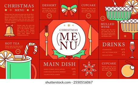 Holiday line art Merry Christmas and Happy New Year menu design. Flat design. Vector illustration