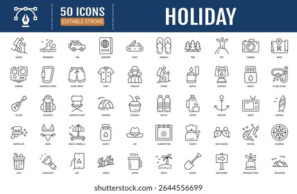 Holiday line editable icon set. Containing vacation, plane,
passport, hotel, palm tree, travel, beach, sunset, island and
more. Vector illustration