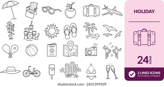 CONJUNTO DE ICONOS EDITABLES DE LÍNEA DE FESTIVIDAD. ELEMENTOS PARA ILUSTRAR TEMAS DE VACACIONES, PLAYA, DÍA DE OCIO, DIVERSIÓN, ENTRETENIMIENTO, ACCESORIOS Y OTROS. PÍXEL PERFECTO. LÍNEA EDITABLE