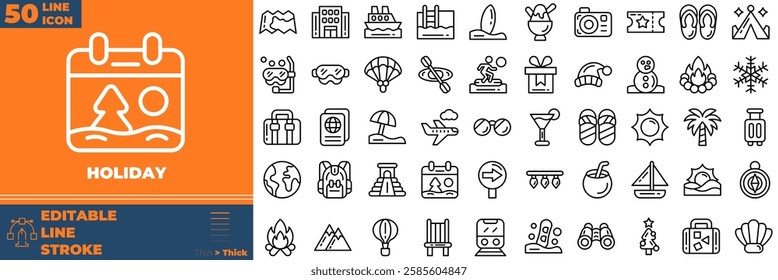 Holiday Line Editable Icons set. Vector illustration in modern thin line style of holiday icons: airplane, transportation, passport, etc