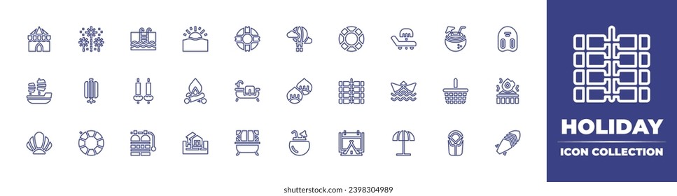 Holiday line icon collection. Editable stroke. Vector illustration. Containing tent, hot air balloon, sail boat, chestnut, shell, coconut drink, sun, fire, picnic basket, cabin, sleeping bag, swimming