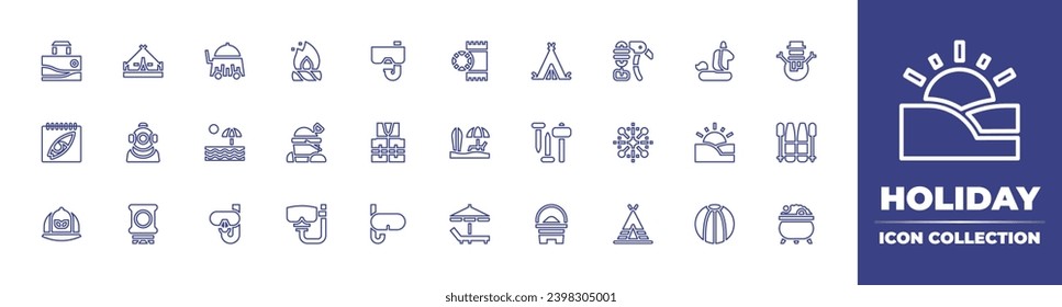 Holiday line icon collection. Editable stroke. Vector illustration. Containing room service, ice axe, sunbed, fireworks, snorkel, tipi, snowman, life jacket, ski, diving mask, gold pot, camping tent.