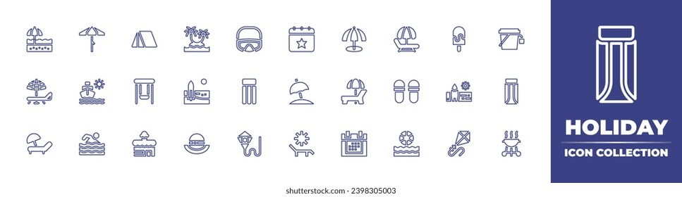 Holiday line icon collection. Editable stroke. Vector illustration. Containing beach, calendar, parasol, beach umbrella, umbrella, cruise, sunbed, swimming, holidays, tent, hammock, swings, slippers.