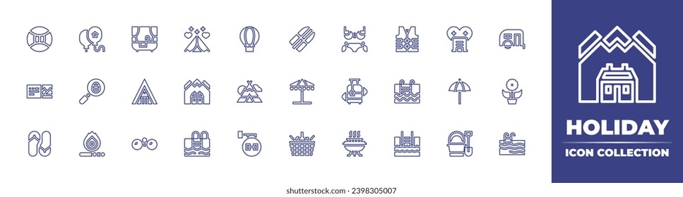 Holiday line icon collection. Editable stroke. Vector illustration. Containing bathtub, life vest, camping, pool, binoculars, swimming pool, hot air balloon, caravan, teepee, flower, gym, tent, hotel.