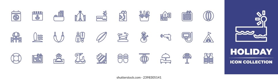 Holiday line icon collection. Editable stroke. Vector illustration. Containing bathtub, hostel, hammock, water gun, bar, sunbed, light, beach ball, surfboard, camping tent, amusement park, life jacket