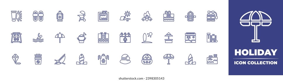 Holiday line icon collection. Editable stroke. Vector illustration. Containing lantern, swimming pool, umbrella, beach, beach chair, sun umbrella, oxygen, scan, apron, pool, sandals, bonfire, swimming
