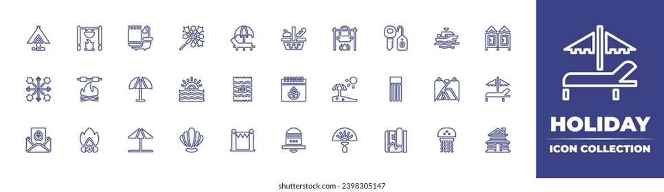 Holiday line icon collection. Editable stroke. Vector illustration. Containing camping, picnic, fireworks, diwali, greeting card, bell, sparkler, boat, sunset, camping tent, clam, jellyfish, bathtub.