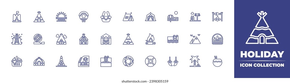 Holiday line icon collection. Editable stroke. Vector illustration. Containing sand castle, tent, picnic basket, float, sunset, beach, christmas wreath, swimming pool, hut, mountains, eiffel tower.