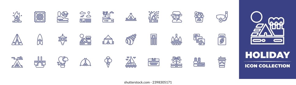 Colección de iconos de línea de vacaciones. Trazo editable. Ilustración vectorial. Con carpa, concha, velero, árboles, palmera, paisaje, cesta de picnic, torre de control, cesta de regalos, carpa de campamento.