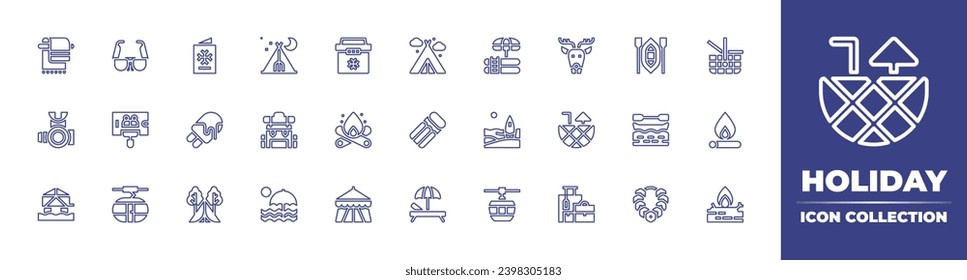 Holiday line icon collection. Editable stroke. Vector illustration. Containing towel, tent, regulator, air mattress, cabin, lounger, card, reindeer, kayak, ice cream, cocktail, backpack, canoe.