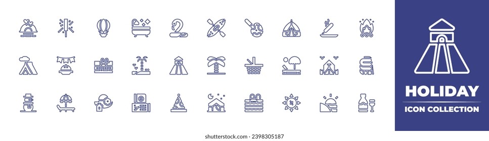 Holiday line icon collection. Editable stroke. Vector illustration. Containing flamingo, bonfire, water slide, slide, party hat, food, sunset, kayak, tent, palm tree, snowman, camping, pool, beach.