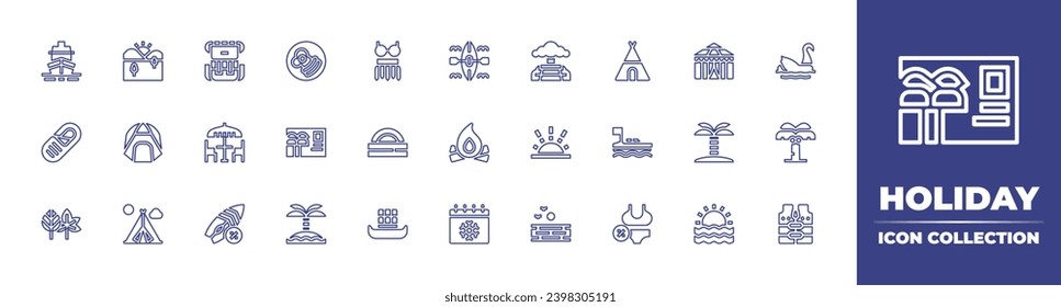 Holiday line icon collection. Editable stroke. Vector illustration. Containing hawaiian, swan, sunset, coconut tree, boat, life vest, ship, kayak, picnic, sleeping bag, bonfire, tent, sunrise, leaves.