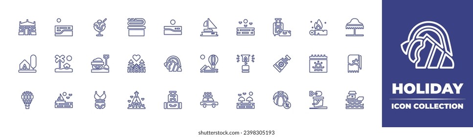 Colección de iconos de línea de vacaciones. Trazo editable. Ilustración vectorial. Consta de playa, paraguas de playa, concha, toalla, equipaje, barco, carpa, velero, mar, camping, globo aerostático, gas, coche, velero.