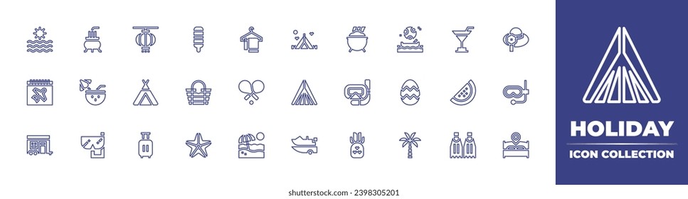 Holiday line icon collection. Editable stroke. Vector illustration. Containing towel, pamela, paddle, diving mask, beach, hotel bed, sea, tent, calendar, caravan, trailer, ice cream, cocktail, beach.