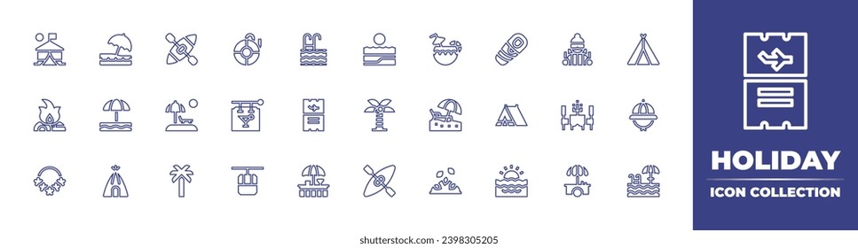 Holiday line icon collection. Editable stroke. Vector illustration. Containing swimming, tent, boarding pass, explorer hat, beach bar, swimming pool, beach, coconut, bonfire, palm, necklace, kayak.