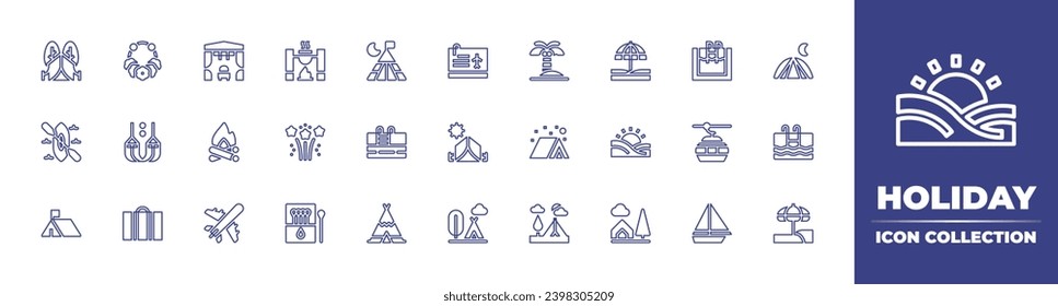 Holiday line icon collection. Editable stroke. Vector illustration. Containing tent, swimming pool, pool, teepee, beach umbrella, airplane ticket, flower necklace, palm tree, kayak, camp, hammock.
