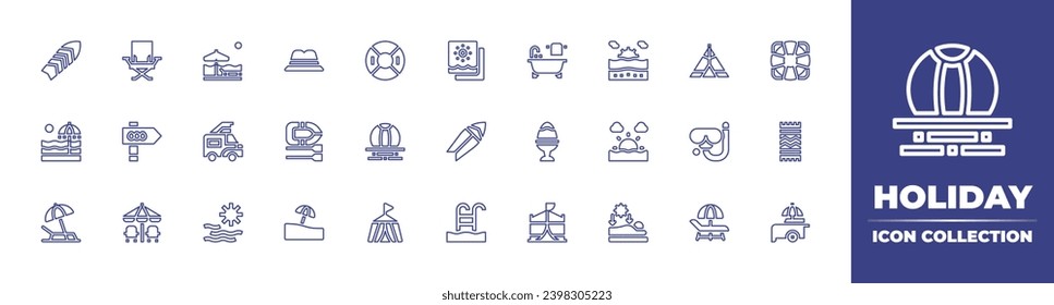 Holiday line icon collection. Editable stroke. Vector illustration. Containing surfboard, picture, beach, swimming pool, hat, tent, boat, diving mask, sunbed, float, lifebuoy, beach ball, beach towel.