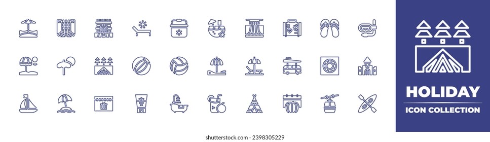 Holiday line icon collection. Editable stroke. Vector illustration. Containing beach, cocktail, water park, sun umbrella, beach umbrella, sailing boat, juice, teepee, sunbathing, flip flops, beach.