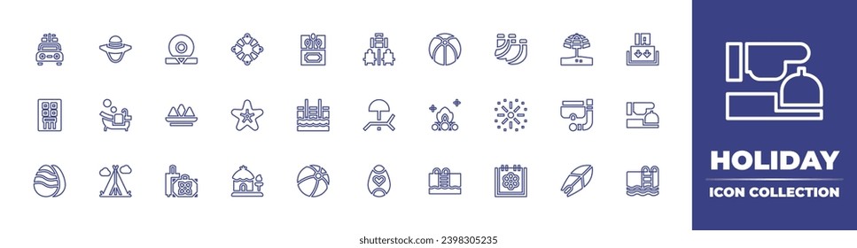 Holiday line icon collection. Editable stroke. Vector illustration. Containing holidays, building, sunbed, easter egg, lifesaver, sun umbrella, starfish, snorkel, hut, surfboard, matches, keycard.