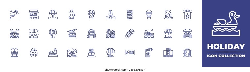 Holiday line icon collection. Editable stroke. Vector illustration. Containing oasis, beach towel, baggage, shirt, bar, hot air balloon, jeep, sleeping bag, cable car, backpack, ticket, picnic, travel