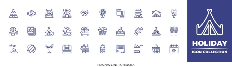 Holiday line icon collection. Editable stroke. Vector illustration. Containing tent, hot air balloon, picnic basket, marshmallow, sleeping bag, camping, sunbed, camping tent, swimming pool, sauna.