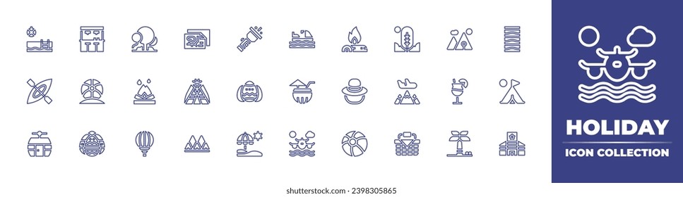 Holiday line icon collection. Editable stroke. Vector illustration. Containing canoe, coconut drink, cable car, flying, tree, map, nature, bonfire, travel, wigwam, cocktail, hot air balloon, picnic.
