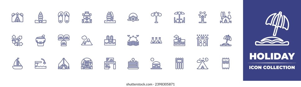Holiday line icon collection. Editable stroke. Vector illustration. Containing flip flops, palm tree, hat, backpack, camping, capsule hotel, shelter, sunset, tent, cake, rabbit, beach towel, hiking.