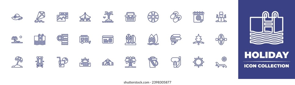 Holiday line icon collection. Editable stroke. Vector illustration. Containing island, snowman, member card, inflatable boat, tent, sunbathing, saint patricks day, caravan, campfire, beach sunset.