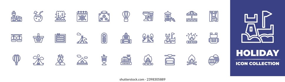 Kollektion von Feiertagen-Linien-Symbolen. Bearbeitbarer Strich. Vektorgrafik. Mit Flughafen, Heißluftballon, Kokoswasser, Cocktails, Seilbahn, Gepäck, Korb, Campingzelt, Förderband, Campingplatz.