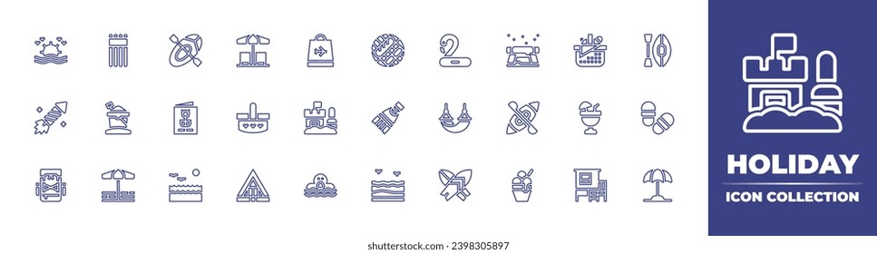 Holiday line icon collection. Editable stroke. Vector illustration. Containing sunrise, barbecue, firecracker, flipper, backpack, sea, beach, picnic basket, basket, cocktail, tent, shack, sand castle.