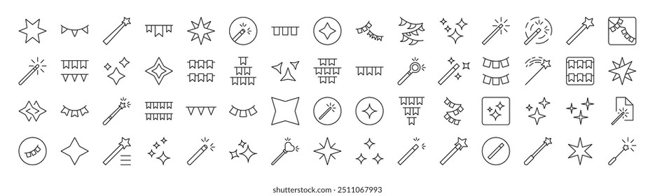 Holiday Line Icon Collection. Modern Collection for Design, Web Sites, Apps, Cards. Contains Linear Images of Magic Wand, Garlands, Sparkles