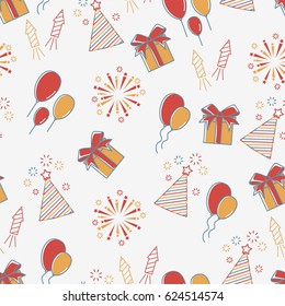 Holiday line icon seamless pattern. Party background. Happy birthday party celebration pattern.