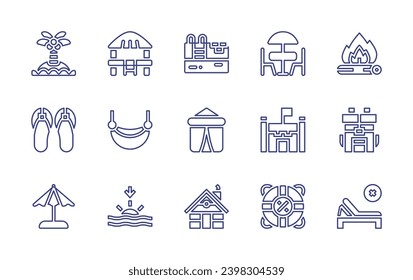 Holiday line icon set. Editable stroke. Vector illustration. Containing bonfire, waterproof, no tanning, island, beach hut, pool, sandals, hammock, tent, umbrella, sunset, cabin, terrace, sand castle.