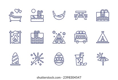 Holiday line icon set. Editable stroke. Vector illustration. Containing picnic table, swimming pool, camper, tent, ice tea, sun umbrella, pool, bengal light, bath, bonfire, surfboard, hammock, easter.