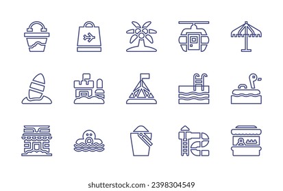 Conjunto de iconos de línea de vacaciones. Trazo editable. Ilustración vectorial. Consta de teleférico, paraguas, piscina, anillo de goma, parque acuático, recinto ferial, castillo de arena, pato, bolso de compras, isla, balde de arena.