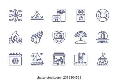 Holiday line icon set. Editable stroke. Vector illustration. Containing conch, sailboat, kayak, bonfire, winter, gift, shield, stall, matches, float, umbrella, beach ball, swimming pool, circus tent.
