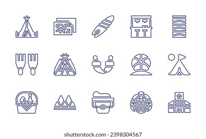 Conjunto de iconos de línea de vacaciones. Trazo editable. Ilustración vectorial. Con carpa, mapa, aletas, peluca, canasta, camping, tabla de surf, hamaca, cubeta de arena, bar de playa, toalla de playa, balón de playa, campamento.