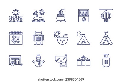 Holiday line icon set. Editable stroke. Vector illustration. Containing sea, island, calendar, backpack, caravan, snowman, incense, cocktail, goggles, matches, paper lantern, camping tent, camp, tent.